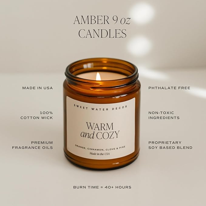 Sweet Water Decor Mulled Cider Candle - Fall Candles with Orange, Cinnamon, Apple, and Amber Scent for Home - Fall Soy Candle with 40 Hours Burn Time - 9Oz Black Lid Amber Jar Mulled Cider Scents
