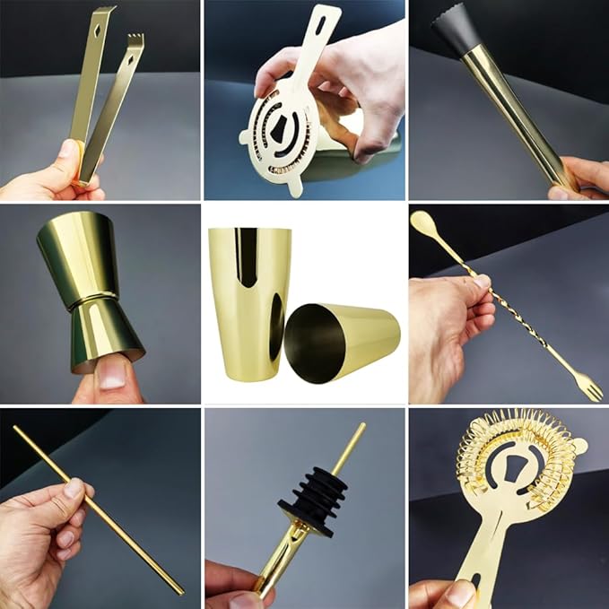 Professional Cocktail Shaker Set with Stand Cocktail Recipes, 15-Piece 750/600ml Bartender Kit, Bar Sets Bartending Kit Bar Tool Set 25/20oz Boston Shakers, Jigger, Muddler (Gold)