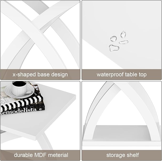 ChooChoo End Side Table, Modern End Table with Storage Shelf, X-Design Side Table Living Room (White)