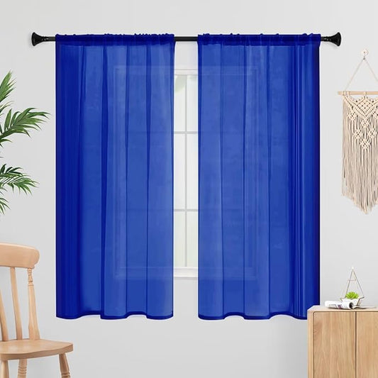 Sheer Curtains 54 Inches Long 2 Panels, Rod Pocket Short Curtain for Kitchen, Bedroom, Cafe Window(Blue Sapphire 38" W x 54" L)