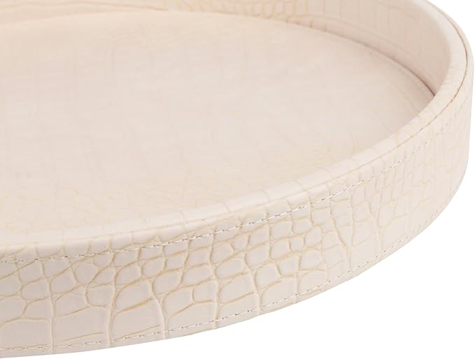HofferRuffer Faux Leather Round Serving Tray, Vegan Croco Leather Decorative Tray, Food Tray for Storage Drinks, Snack & Cosmetics, Dia.12'' x 1.6'' (CreamWhite/Tiny Yellow)