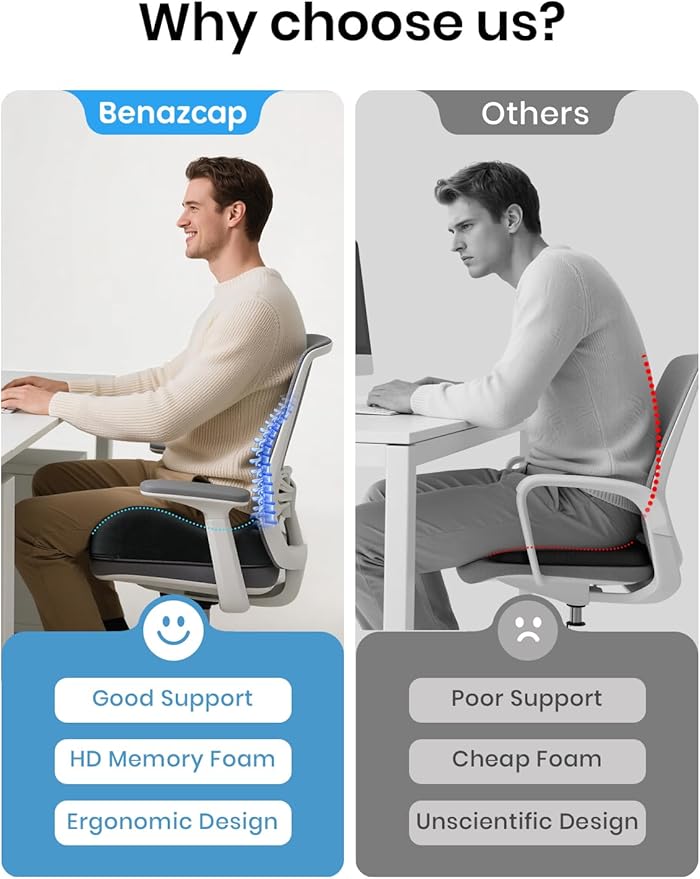 Benazcap Ergonomic Seat Cushion -Large Memory Foam Office Chair Cushion Seat Pad - Sciatica & Lower Back Pain Relief - Car Seat Cushions for Driving Seat Cushions