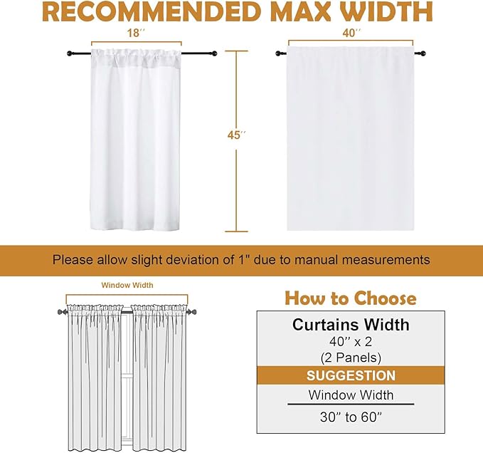 Aiyufeng Pure White Curtains for Bedroom 45 Inches Long 2 Panels Set, Room Darkening Window Treatment, Short Curtain Drapes, Soft Touching Casual Rod Pocket Privacy Curtains, W40 x L45 Inch
