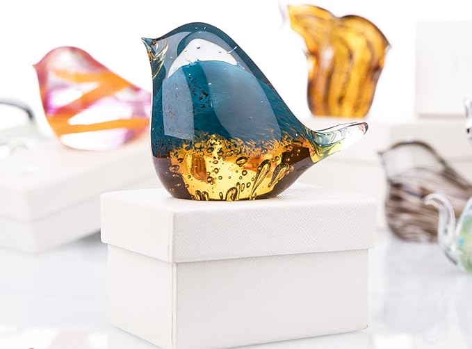QFkris Blown Glass Bird Figurine Collectible Glass Art Craft Gift for Christmas, Birthday Home Decor Blue Yellow Paper Weight