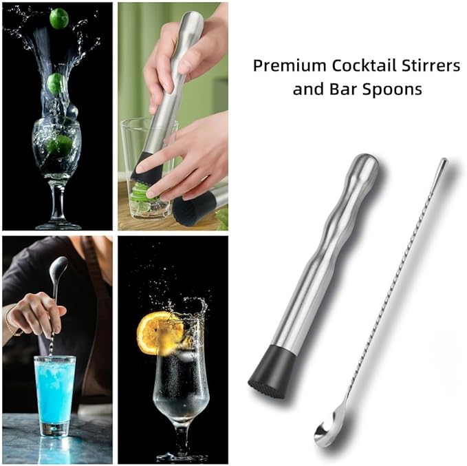 Stainless Steel Cocktail Muddler & Long Handle Stirring Spoon 2-Piece Set - Professional Bartender Tools for Mojitos, Fruit Drinks & Cocktail Mixing