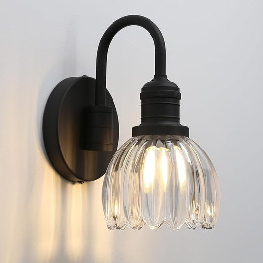 Yosoan Boho Brass Vintage Bathroom Wall Sconce with Flower Shade, 1-Light Indoor Vanity Industrial Modern Hardwired Wall Mounted with Transparent Tulip Shade for Living Room Bedroom Kitchen(Black)