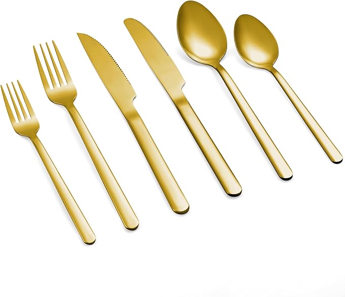 48 Pcs Gold Silverware Set with Steak Knives, Food-Grade Stainless Steel Flatware Cutlery Set for 8, Mirror Polished Tableware Eating Utensils Set for Kitchen, Knife Fork Spoon Set, Dishwasher Safe