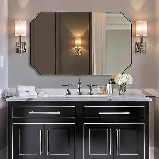 ANDY STAR 30x48 Inch Chrome Mirror, Large Polished Chrome Rectangle Mirror, Scalloped Edge Design with Anti-Rust Stainless Steel Metal Thin Frame Deep 1’’, Wall-Mount Vertically or Horizontally