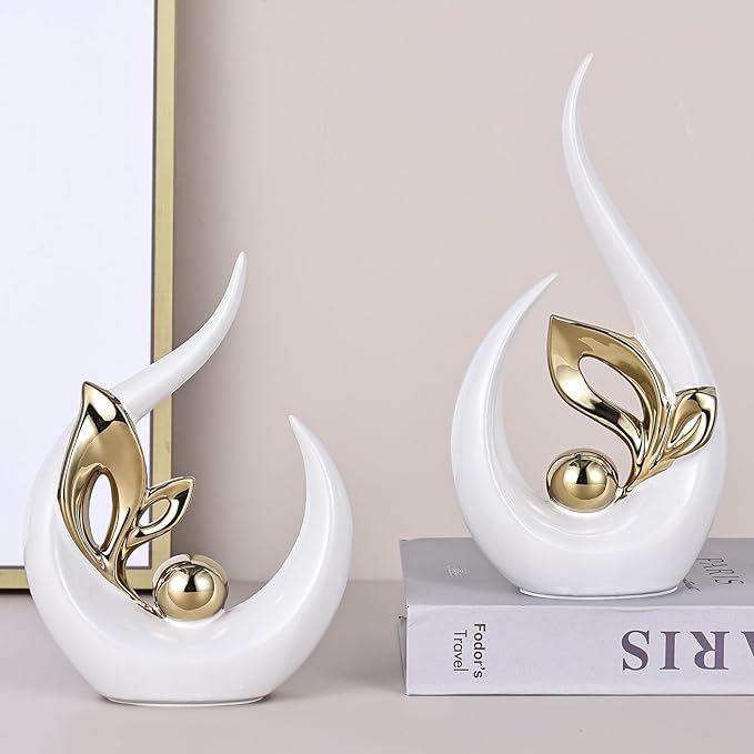 9.4" H White Gold Abstract Sculptures Home Decor, Ceramic Art Statue Cool Stuff to Put on Shelves&tv Stand Decor, Gold Accent Entertainment Center, for Fireplace Coffee Table Dining Table Decorate