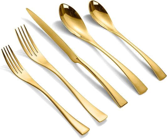 Lemeya 20-Piece Gold Silverware Set for 4,Heavy Duty 18/10 Stainless Steel Cutlery Set with Forged Stand Knife,Modern Flatware Utensils Set,Forks Spoons and Knives Set,Mirror Polished,Dishwasher Safe