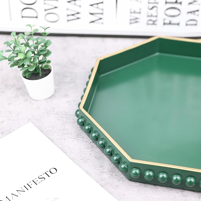 Green Serving Tray for Coffee Table, Octagonal Beaded Plastic Decorative Tray for Ottoman, Kitchen Counter, Living Room, Outdoor Lacquer Tray for Entertaining