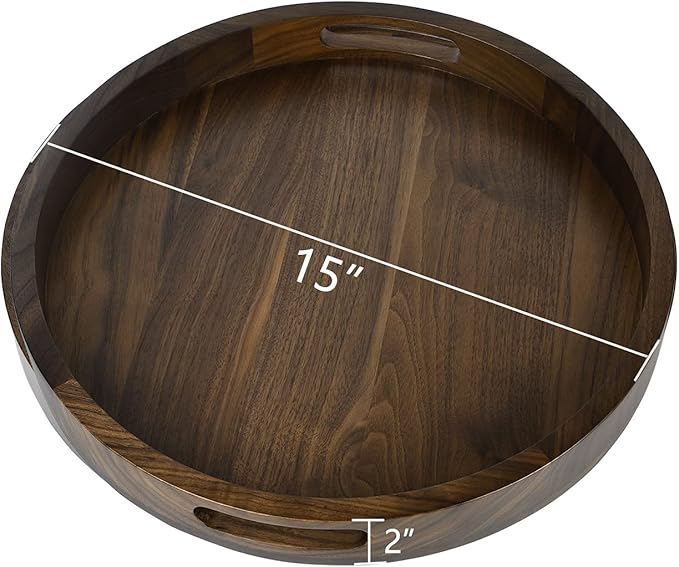 15 x 15 inches Round Ottoman Table Tray, Wooden Solid Black Walnut Circle Platter Decorative Serving Tray with Handle for Oversized Ottoman Home Breakfast in Bed Tea Coffee