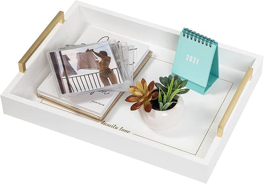 Decorative Coffee Table Ottoman Trays Modern Wood Elegant 16"x12" Rectangle Glossy Shagreen Serving Trays with Champagne Gold Handles -Drinks, Liquor Serving Platter for All Occasion's(White)