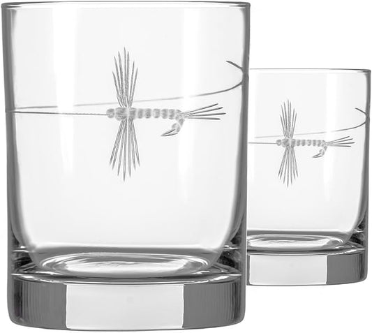 Rolf Glass Fly Fishing Double Old Fashioned Glass | 13oz Engraved Whiskey Tumblers | Set of 2 Lead-Free Crystal Glasses | Made in the US
