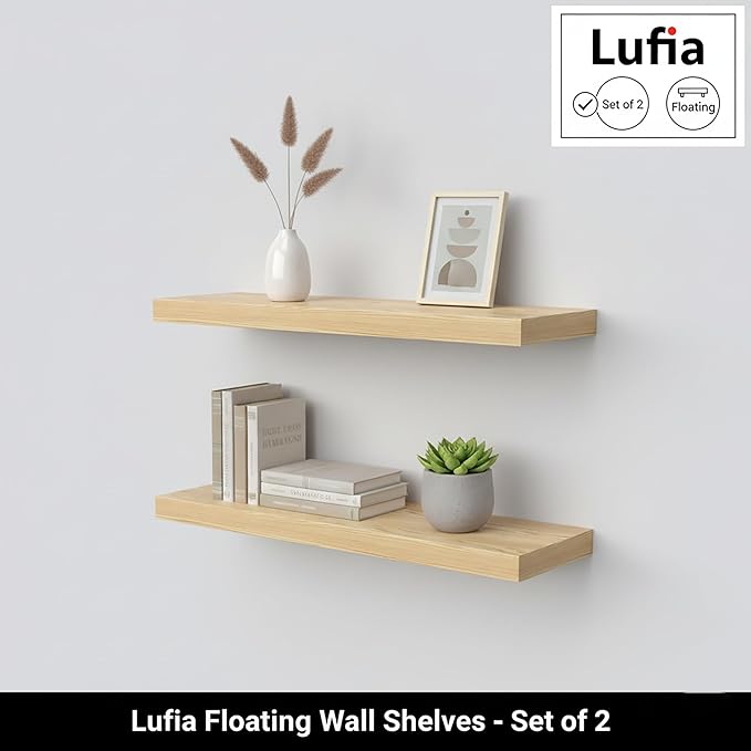 Lufia Floating Wall Shelves, Set of 2, MDF with Invisible Brackets, Modern Storage for Bedroom, Bathroom, Living Room, Kitchen (Oak, 24" W x 7" D x 1.5" H)