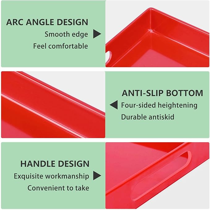 Serving Tray with Handles-10x15Inch Red Melamine Modern Serving Platters,Serving Wine,Coffee,Breakfast/Kitchen Countertop Tray/Makeup Drawer Organizer/Vanity Table Tray/Decorative Tray