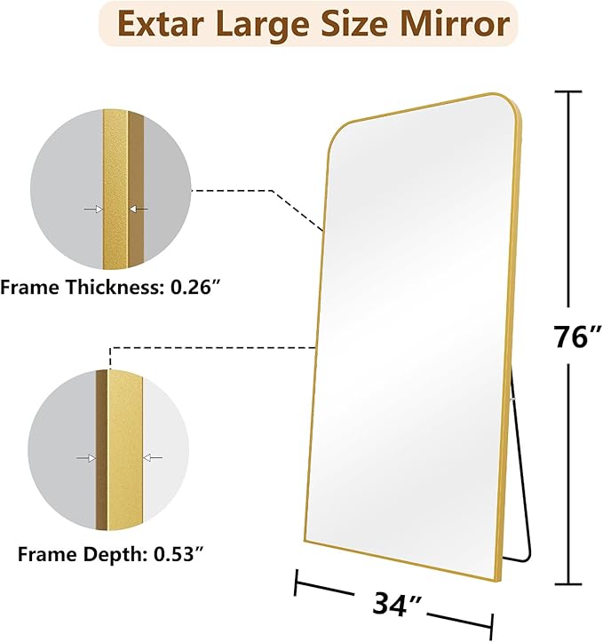 Koonmi Full Length Mirror, 76"x34" Mirror Full Length with Stand, Gold Domed Top Square-Edged Floor Mirror with Aluminum Alloy Frame for Bedroom Living Room