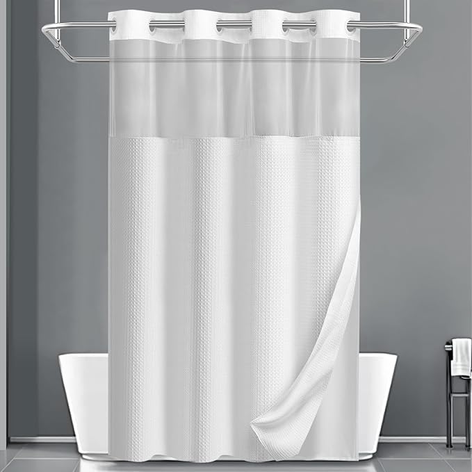 YellyHommy No Hook Shower Curtain with Snap in Fabric Liner Set Less Time White Waffle Shower Curtain for Bathroom 75" L x 54" W