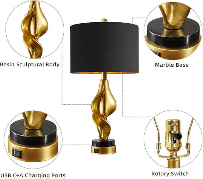 25.5'' Set of 2 Modern Table Lamps for Living Room Bedroom, Gold Leaf Sculptural Bedside Lamps with Marble Base and USB C+A Ports for Office End Tables Nightstand, 2 Bulbs Included