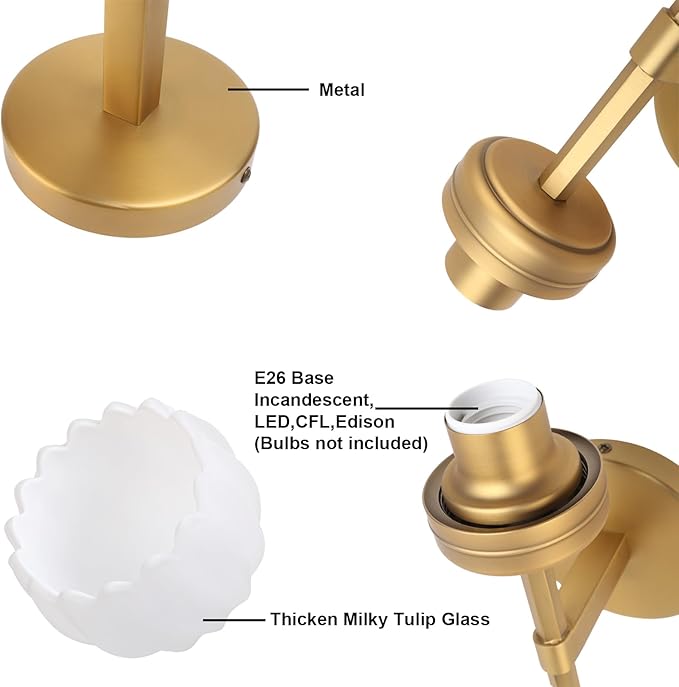 Yosoan Brass Boho Indoor Vintage Wall Sconce Set of 2, Modern Vanity Gold Industrial Hardwired Wall Mounted with Milk Transparent Tulip Flower Shade for Living Room Bedroom Kitchen Hallway(Antique)