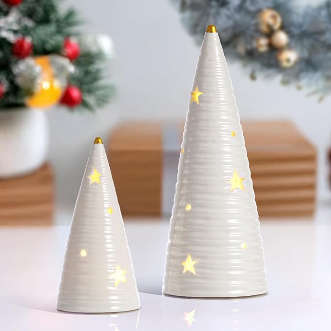 DN DECONATION Ceramic Christmas Tree Decor with Lights, Battery-Operated Tabletop Xmas Trees, 2Pcs Prelit White Christmas Tree Figurines Decorations for Home, Mantel, Shelves