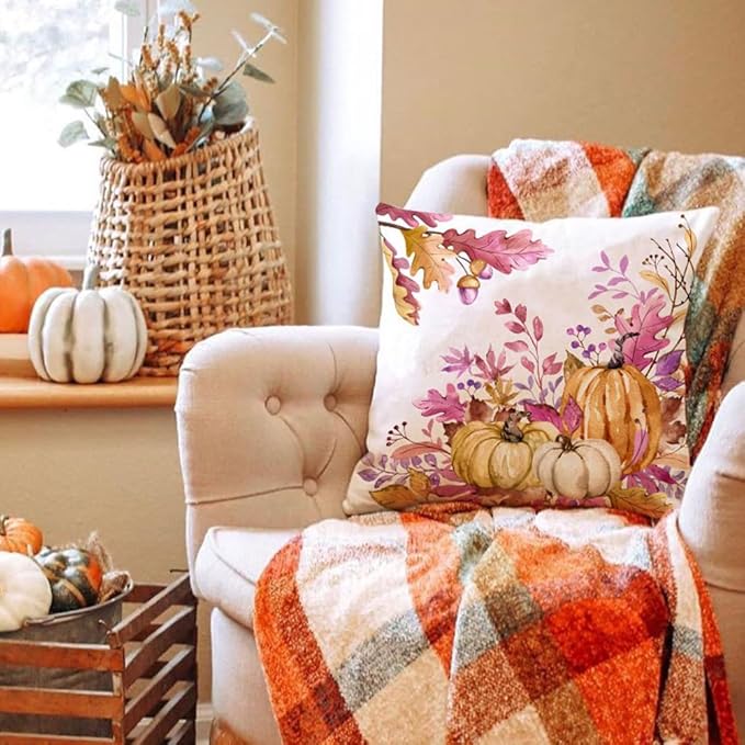 DFXSZ Fall Pillow Covers 18x18 inch Set of 2 Pink Orange Pumpkin Fallen Leaves Decorative Outdoor Throw PillowCovers Autumn Thanksgiving Farmhouse Decoration for Home Couch TH27-N18