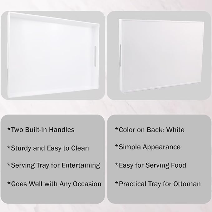 White Serving Tray for Coffee Table, Rectangular Plastic Decorative Tray with Handles for Entertaining, Outdoor Patio, Living Room, Ottoman, Bathroom Counter, 11.8”*15.7”*1.6”