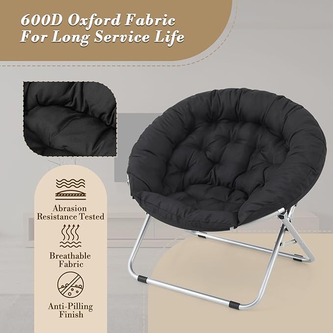 Athena Collection Comfy Saucer Chair, Folding Oversized Cozy Chair for Bedroom Living Room Fabric Reading Chair, Foldable Metal Frame Round Lazy Chair Moon Chair for Adult Set of 2, Black