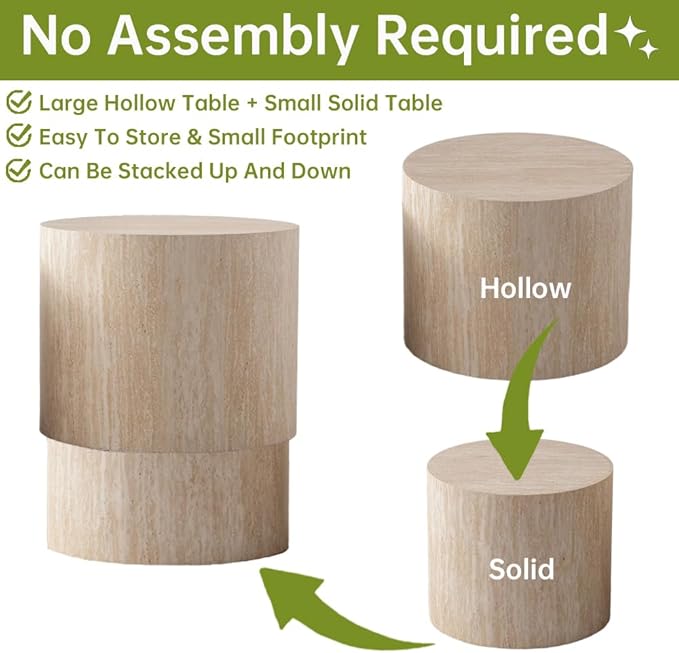 Round Nesting Coffee Table Set of 2 Small Round Coffee Tables for Living Room Modern Fluted Coffee Table Circular End Table Side Table for Small Spaces No Assembly (Travertine, 18 in)