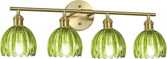 Vintage Bathroom Light Fixtures,4-Light Hardwired Vanity Lights Over Mirror,Gold Wall Sconces with Green Tulip Glass Shade for Bathroom Living Room,E26 Socket(Bulbs Not Included)