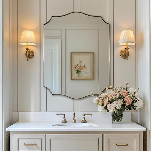 ANDY STAR Gold Mirrors, 24x32 Inch Bathroom Vanity Mirror, Antique Brass Asymmetrical Mirror, Unique Rectangle Mirror with Sophisticated Curved Design, Ideal for Home Decor