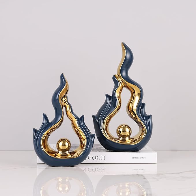 2 Pcs Navy Blue and Gold Ceramic Sculptures for Home Decor, Modern Abstract Art Statues, Centerpieces for Dining Room Table, Living Room, Shelf, Mantel, Coffee Table, Entryway Accent Decorations
