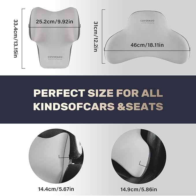 Coverado Lumbar Support and Headrest Pillow for Car, Memory Foam Ergonomic Head Neck Support Pillow for Driving Seat, Back Support and Pain Relief, Seat Cushion for Car, Driver, Office