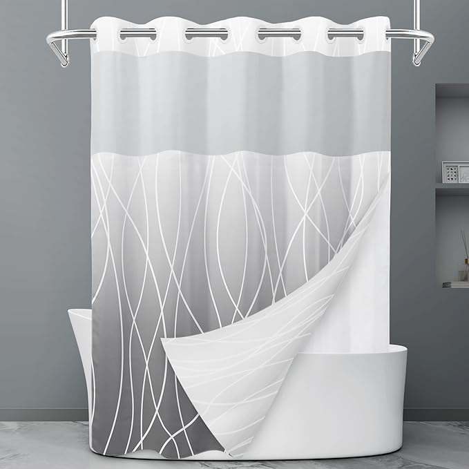 No Hook Ombre Grey Striped Shower Curtain with Snap in Liner Set - Hotel Shower Curtain and Liner Set with See Through Mesh Top Window,Machine Washable, 71x74 INCH
