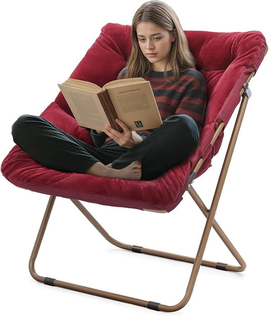 Athena Collection Saucer Chair for Adult, Square Comfy Cozy Chair Folding Chair Faux Fur Metal Frame Foldable Reading Chair Accent Chair for Bed Room Living Room, Brown