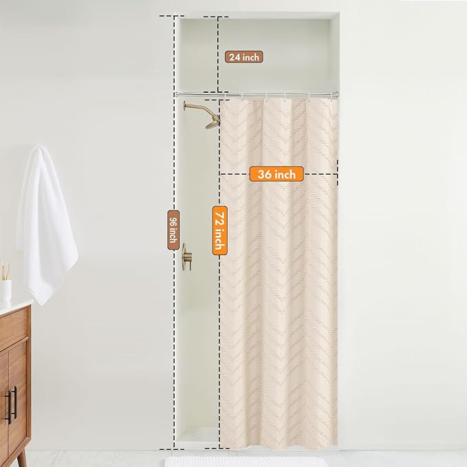 Small Stall Cream Boho Fabric Shower Curtain, 36x72 Half Size, Textured Tufted Chevron Striped Minimalist Cloth Bathroom Shower