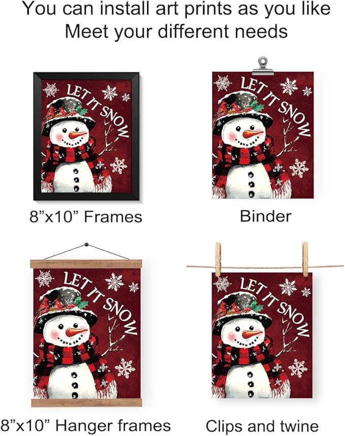 Wheatwin Christmas Wall Decor - Snowman Tree Art Prints Set of 4, Indoor Decorations for Bedroom, Red Bow, 8x10 (Unframed)