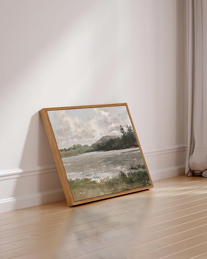 VIYYIEA Vintage Nature Framed Wall Art, Lakeside Landscape Paintings Art Decor Aesthetic, Canvas Print Artwork, Retro Scenery Wall Pictures for Bedroom Bathroom Office 12X16 Inch