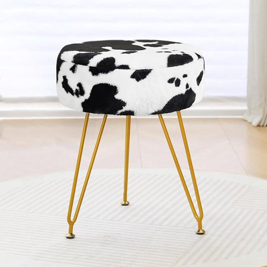 Faux Fur Vanity Stool Chair, Round Makeup Vanity Chair with Adjustable Metal Legs & Soft Padded Seat, Ottoman Foot Stool for Bedroom, Living Room, Entryway, Cow
