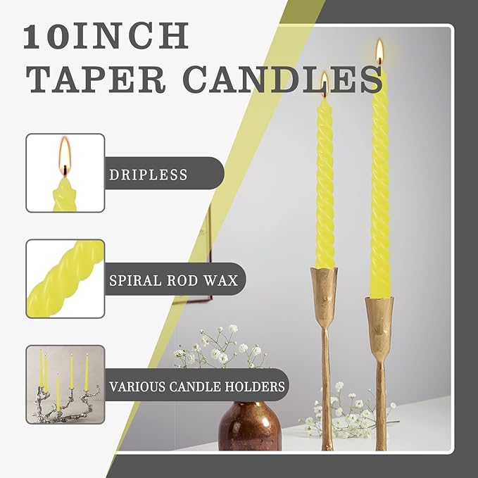 12 Pack 10 inch Yellow Spiral Taper Candles - Dripless, Smokeless, Unscented - 7 Hours Long Burning - Spiral Tall Candlesticks - Perfect for Home Decor, Weddings,Halloween, and Special Occasions.