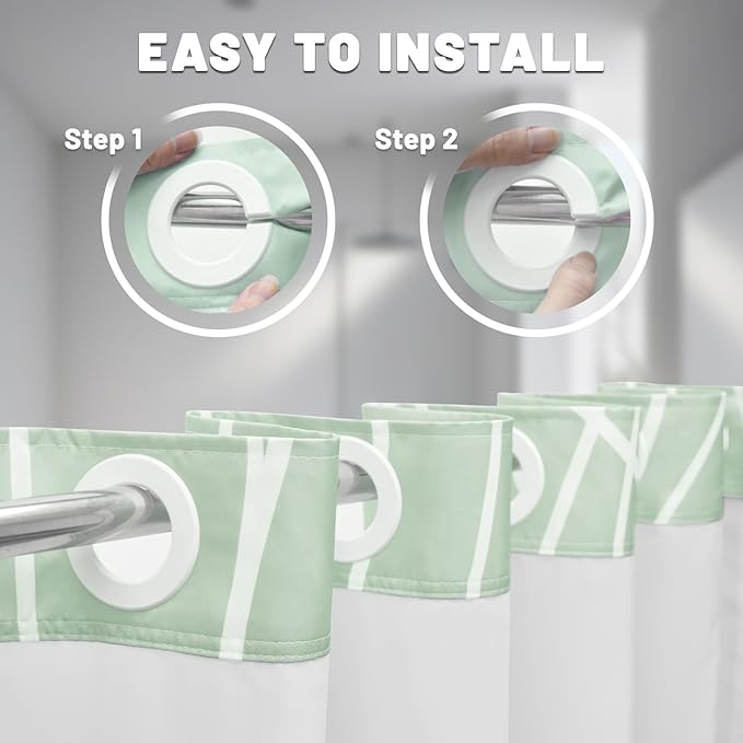 No Hook Ombre Green Striped Shower Curtain with Snap in Liner Set - Hotel Shower Curtain and Liner Set with See Through Mesh Top Window,Machine Washable, 71x74 INCH