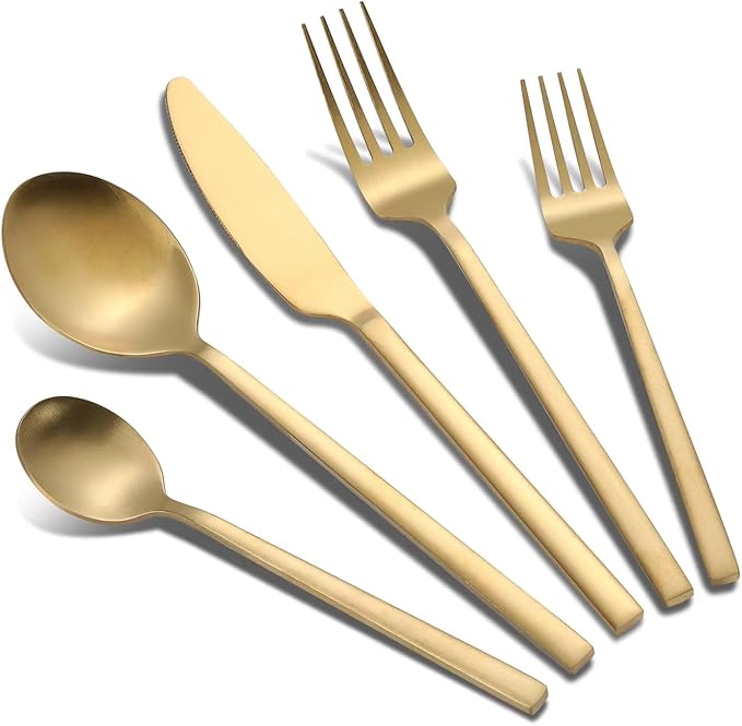 40-Piece Gold Silverware Set, Rectangular Flatware Set for 8, Matte Stainless Steel Cutlery Set, Food-Grade Utensils Set, for Home Kitchen Restaurant, Dishwasher Safe
