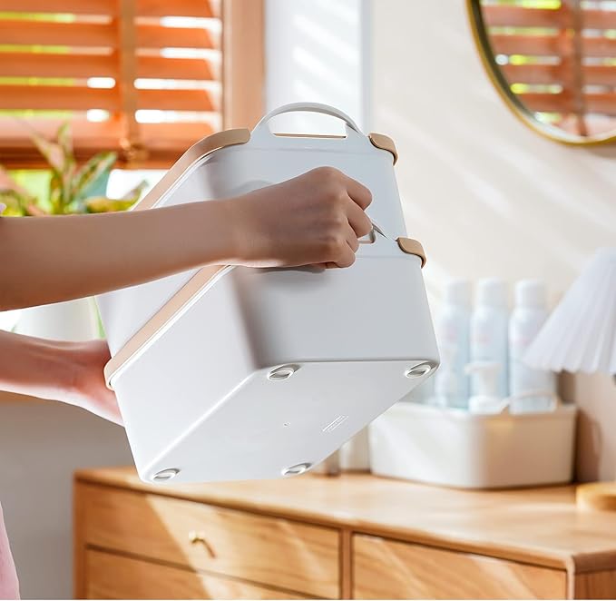 ANMINY 8PCS Plastic Storage Bins Containers with Lids, Large White Storage Organization Bins Boxes, Lidded Plastic Storage Baskets for Closet Shelves Drawers Desktop Home Office, Wheat Lids