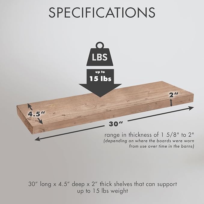 Urban Legacy Reclaimed Barnwood Planks | Floating Shelves for Wall w/Flush Mount Shelf Bracket Set Included | Set of 2 (Natural, 30"x 4.5"x 2")