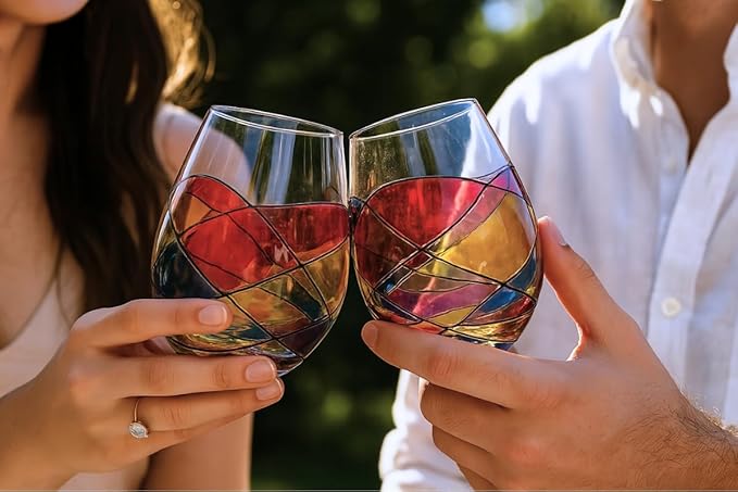 Stemless Wine Glasses – Hand‑Painted Set of 4, Unique Wine Gift for Wedding, Anniversary, Housewarming & Christmas • Sagrada Familia Style • Ideal for Women & Men