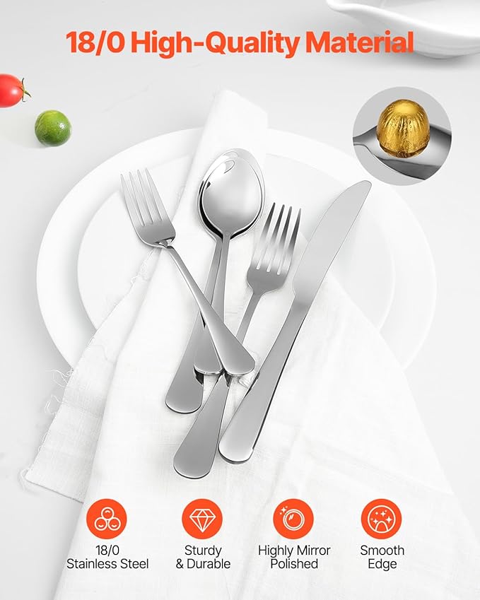 VEVOR 30-Piece Silverware Set, Food-Grade Stainless Steel Flatware Utensils, Mirror Finished Cutlery Set, Dishwasher Safe Eating Tableware for Kitchen Home, Service for 6, Include Knife Fork Spoon
