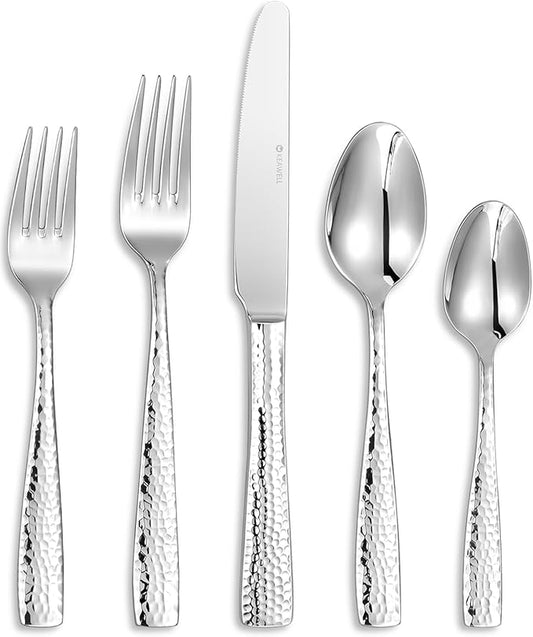 KEAWELL Premium 20/45/65 Piece Louis Hammered Silverware Set with Squared Edge, 18/10 Stainless Steel, Service for 4/8/12, Fine Flatware Set, Dishwasher Safe (20)