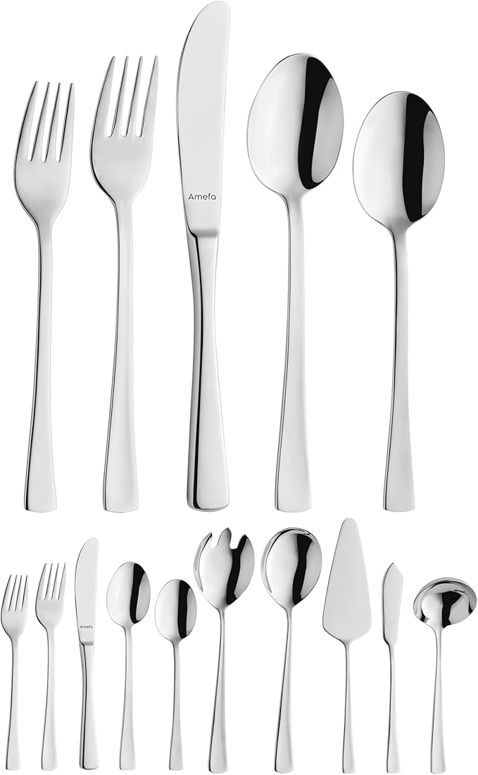 Amefa 45-Piece Silverware Flatware Cutlery Set Service for 8, Durable 18/10 Stainless Steel High Gloss Mirror Finish, tableware in Ergonomic Design Size and Weight, Dishwasher Safe (Atlantic)