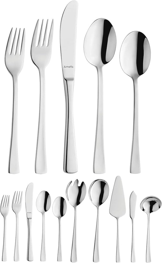 Amefa 45-Piece Silverware Flatware Cutlery Set Service for 8, Durable 18/10 Stainless Steel High Gloss Mirror Finish, tableware in Ergonomic Design Size and Weight, Dishwasher Safe (Atlantic)