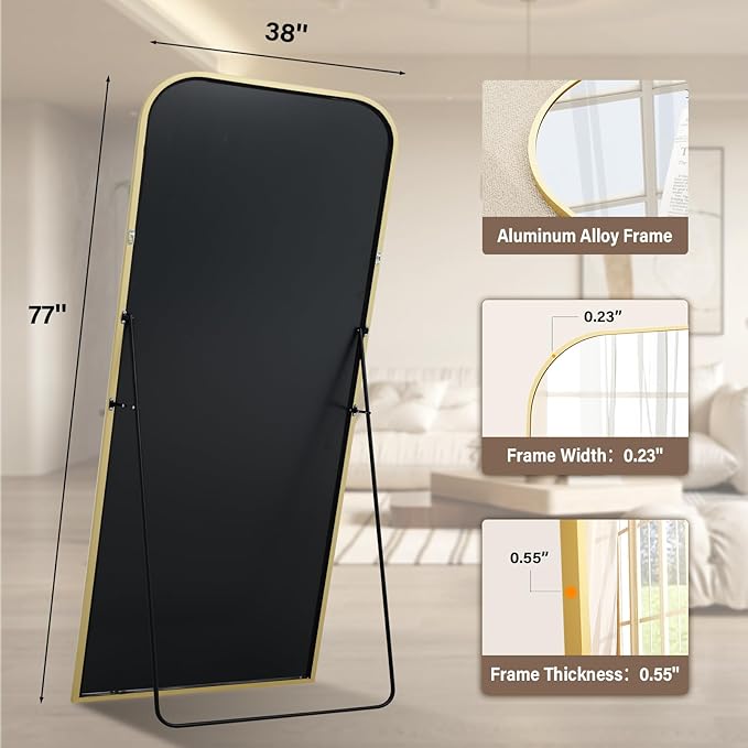 77''x 38'' Full Length Mirror, Rectangular Full Body Mirrors with Stand, Wall Mounted Mirror for Home Decor, Floor Mirror with Aluminum Alloy Thin Frame, Gold